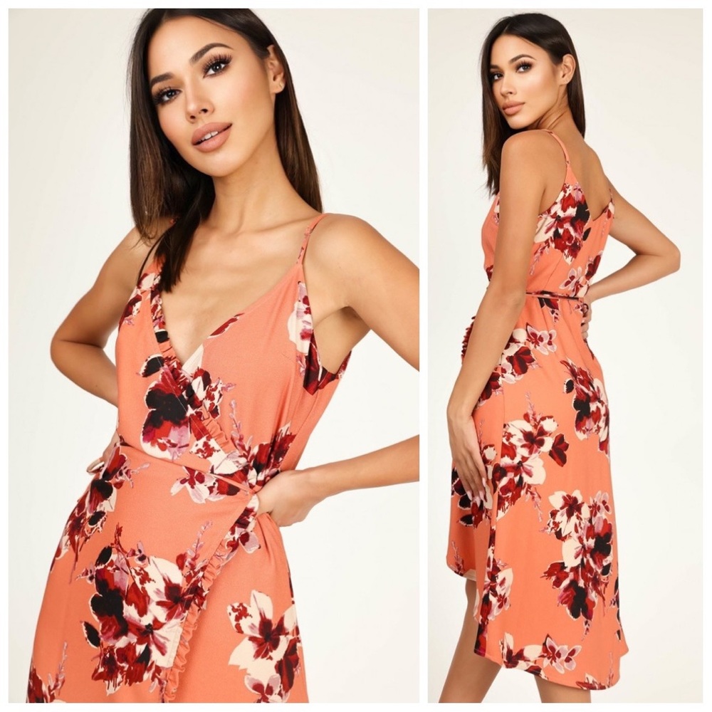 Orange floral wrap dress